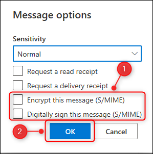 The Message options panel, with the Encryption and Digital Signing options highlighted.