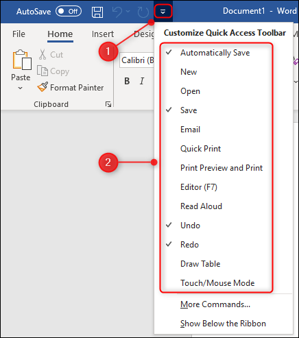 The Customize Quick Access Toolbar menu.