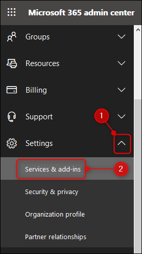 The Services & add-ins option in the Admin menu