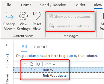 Outlook's conversation options grayed out.