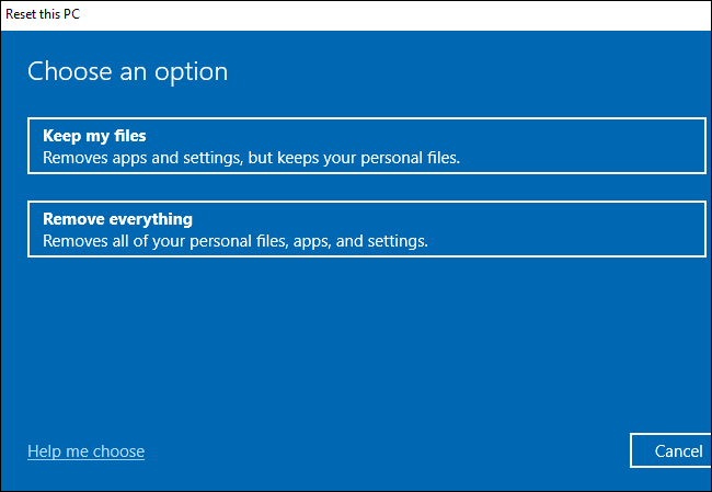 Choosing whether to keep or remove files while resetting Windows 10.