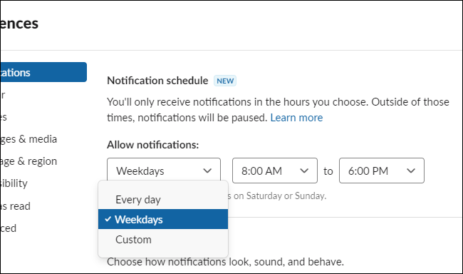 Setting Slack not to show notifications on the weekend.