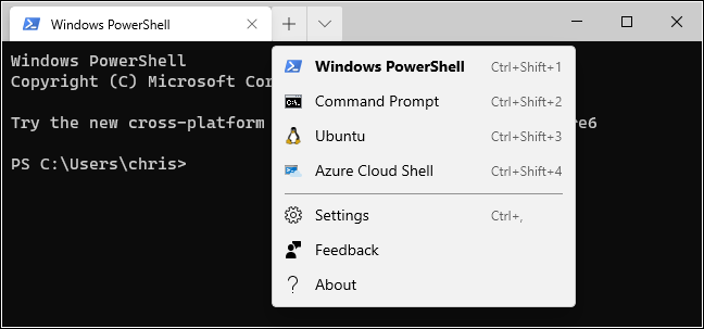 New Tab options in the Windows Terminal.