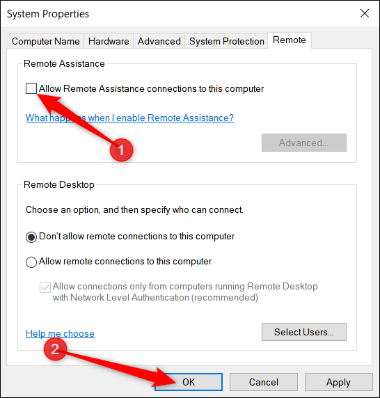 Disable the remote assistance check box