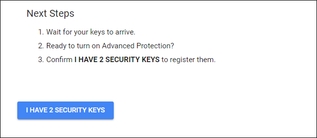 Confirming that you have two security keys available