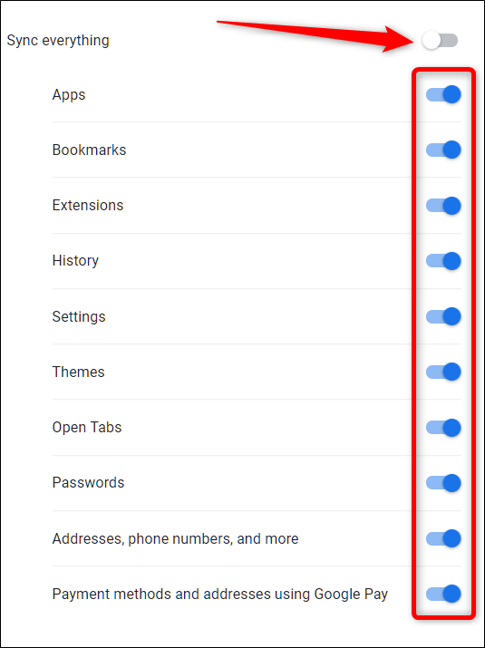 To manually change what information is synced, click Sync Everything first, then click the options you don't want saved