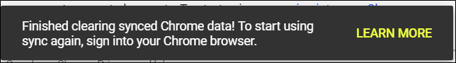 A prompt notifying you that clearing sync data has completed