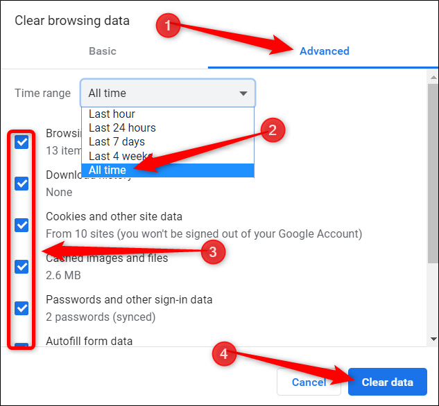 Click the advanced tab, choose all time from the menu, tick all options you want to delete, then click on Clear data