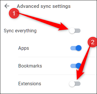First, untoggle Sync Everything, then untoggle the Extensions setting
