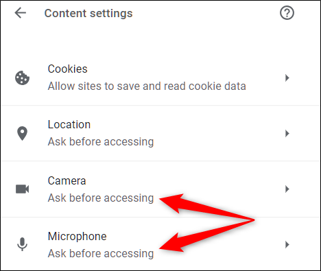 Click either Microphone or Camera to access its settings