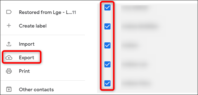 Select the contacts you want to export, and then click Export.