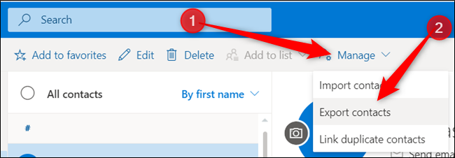 Click Manage, and then click Export Contacts.