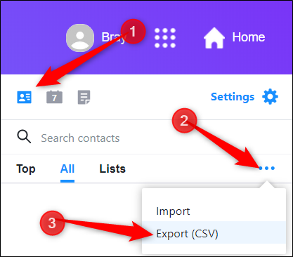Click the contacts icon, click More, and then click Export (CSV).