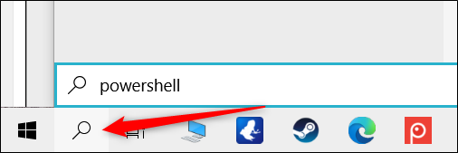 Click the Search icon and type powershell in the text box.