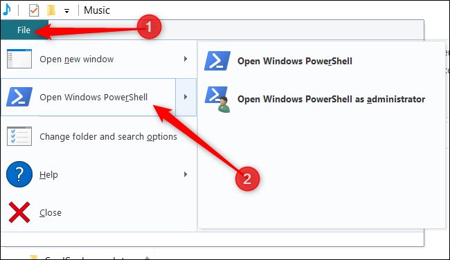 Click File, hover over Open Windows PowerShell, and then click your preferred option. 