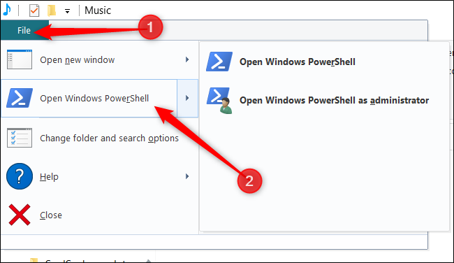 Click File, hover over Open Windows PowerShell, and then click your preferred option.