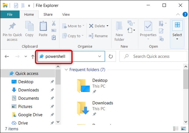 Type powershell in the File Explorer address bar.