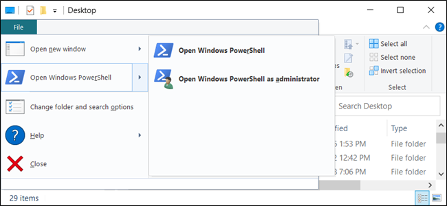 The Open Windows PowerShell option in File Explorer.