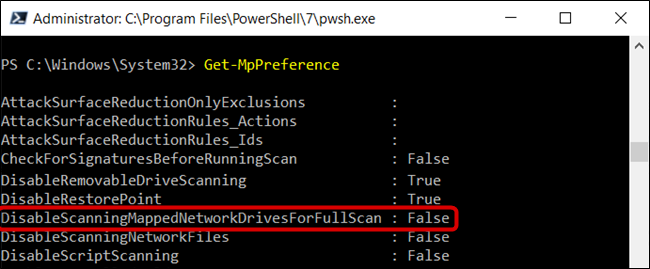 The DisableScanningMappedNetworkDrivesForFullScan is set to False.