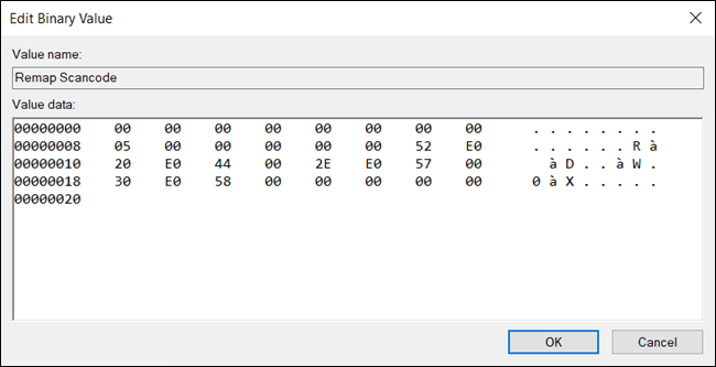 The Edit Binary Value dialog box with more remaps added.