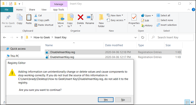 Opening the REG file to Disable the Insert key.