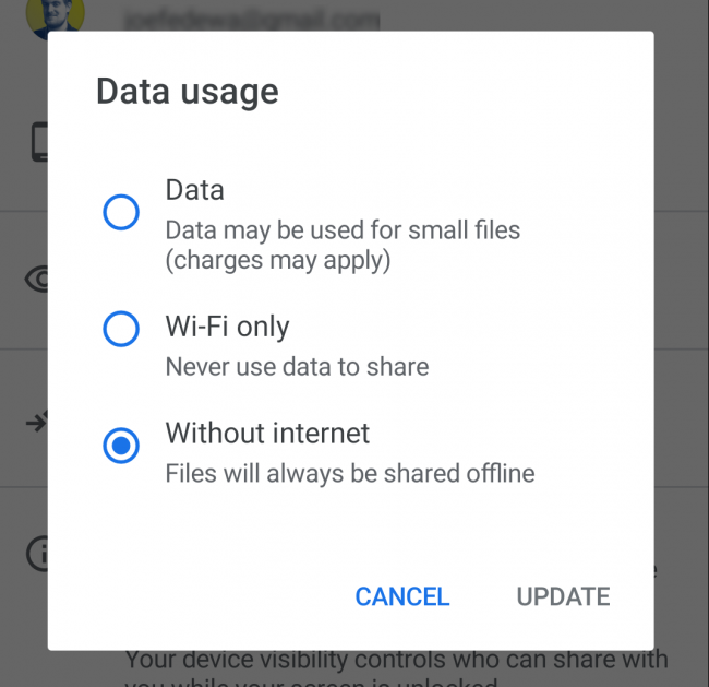 Data usage options for Nearby Share on Android