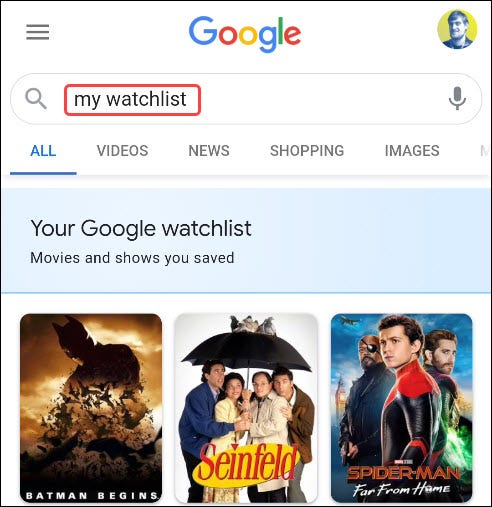 Type My Watchlist in Google Search.