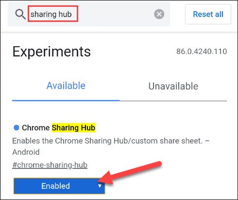enable the sharing hub flag