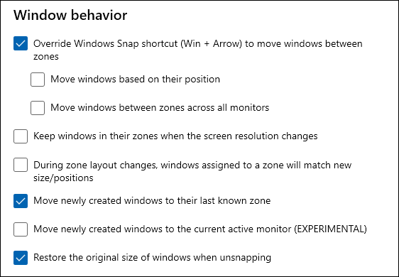 window behavior options