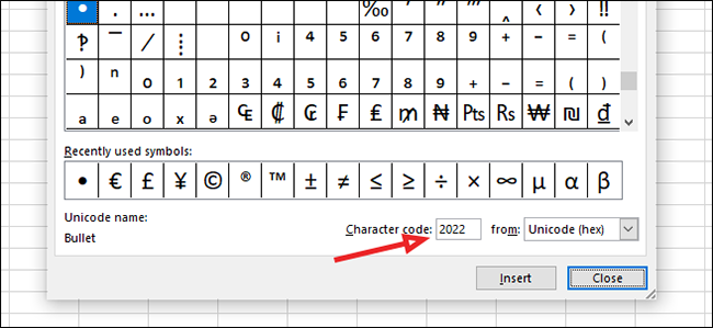 unicode symbol excel