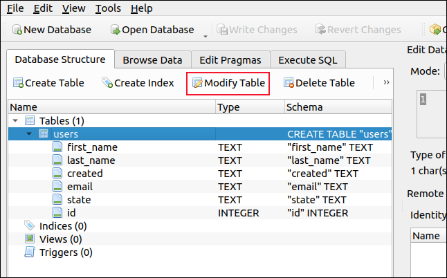 Database Structure pane in DB Browser for SQLite