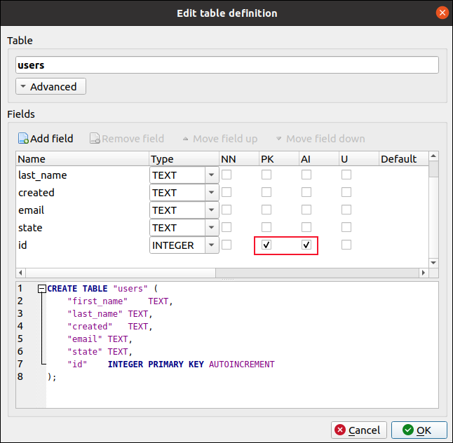 Edit Table Definition dialog in DB Browser for SQLite