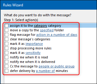 The action options in the Rules Wizard.