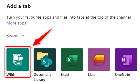The Wiki tile in the Add a tab window.