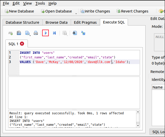 Execute SQL pane in DB Browser for SQLite