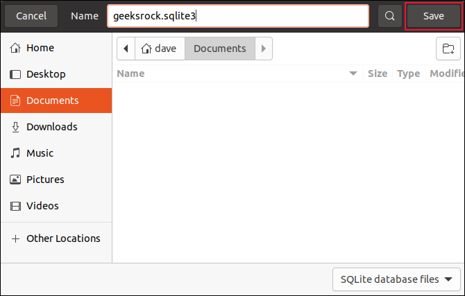 File Save dialog with database named geeksrock.sqlite3 entered