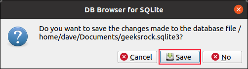 A Save Confirmation dialog in DB Browser for SQLite