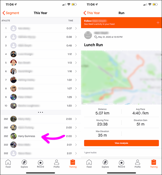 A list of top run times in Strava.