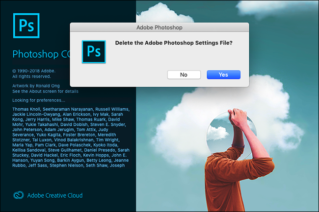 The Delete the Adobe Photoshop Settings File? prompt in Photoshop.