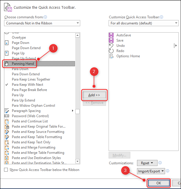 The Panning Hand being added to the toolbar.