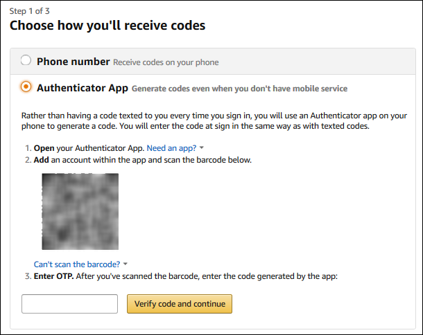 The QR code, and the MFA code text box