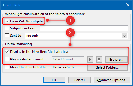 The Create Rule window with the alert options highlighted.