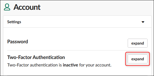 The two-factor authentication settings expand button