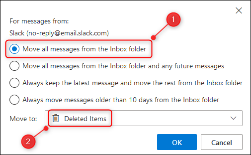The Move all messages from the Inbox folder option.