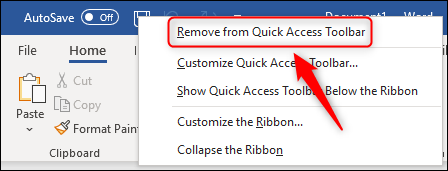 The Remove from Quick Access Toolbar menu option.