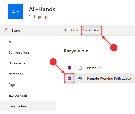 The Restore option in the recycle bin.