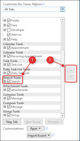 The Customize the Classic Ribbon panel with the Up and Down arrows grayed out.