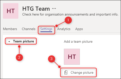 The Settings tab with Team picture highlighted.
