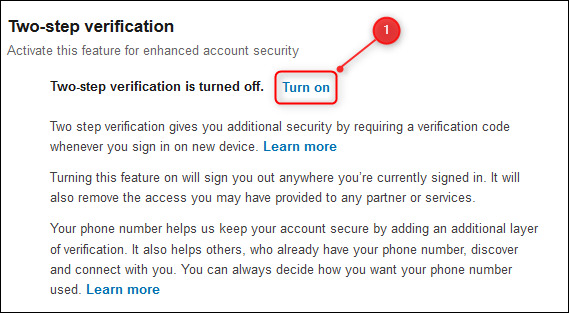 The Two-step verification option with Turn on highlighted.