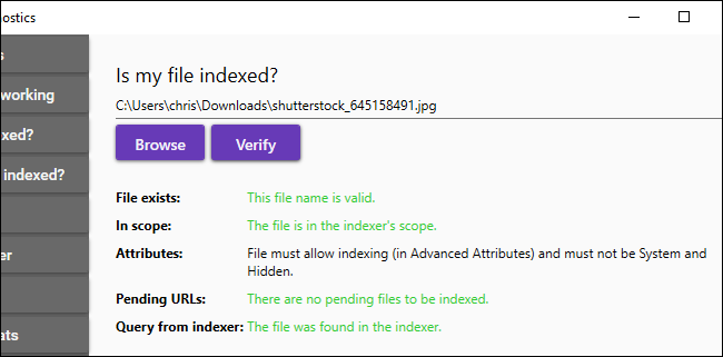 Testing whether a file is being indexed and why in Microsoft's Indexer Diagnostics.